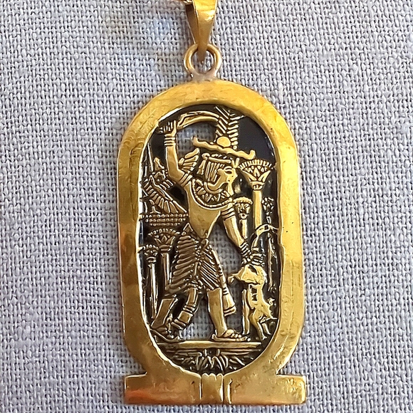 Egyptian Warrior Lotus Cartouche Brass Pendant Necklace - Picture 3 of 6